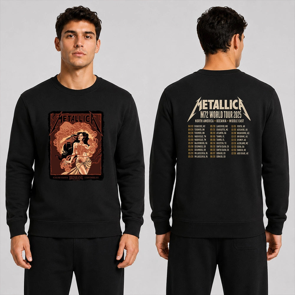 Metallica M72 World Tour November 12 2025 Suncorp Stadium Brisbane Australia 2 side T-shirt by Teniele Sadd featuring a gothic female figure, skeletal hand, ribcage detail, skull-like creature, ornate smoke forms and M72 tour back print.